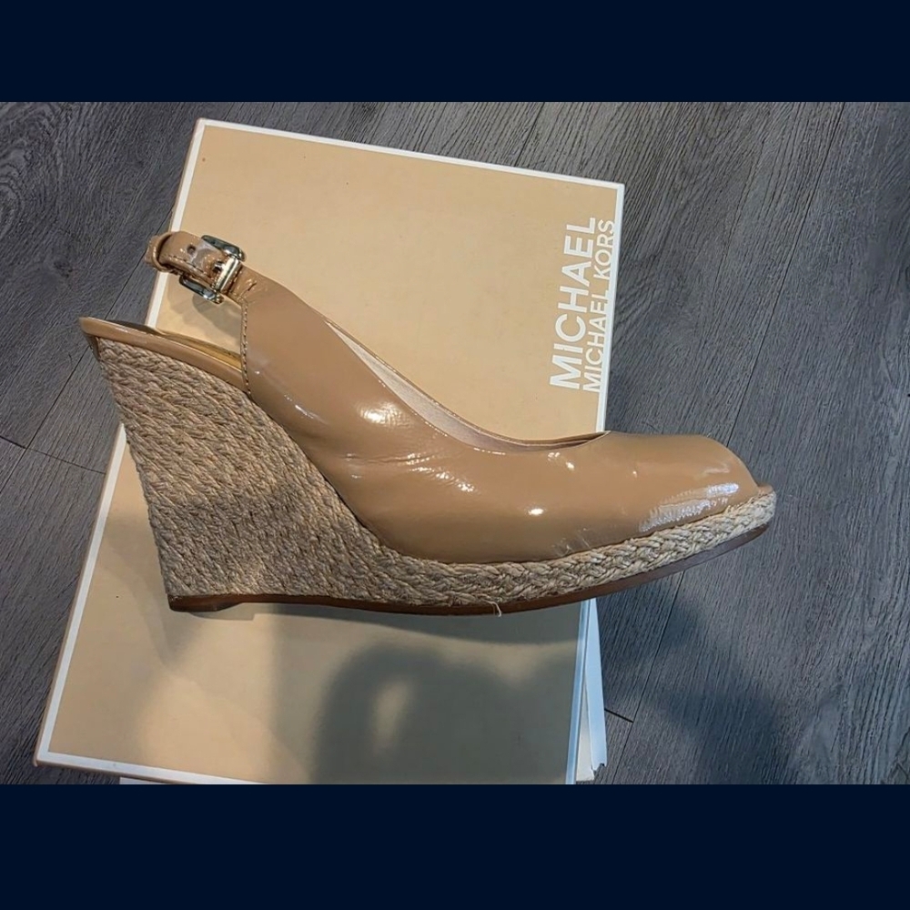 Michael Kors Tan Wedge Heels with Peep-Toe Design